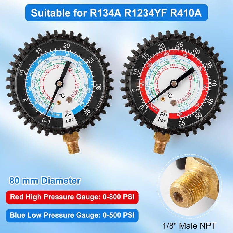 Tigbear R134A R1234YF R410A Refrigeration Pressure Gauge, Manifold Gauge Kit, High and Low Recharge Manifold Gauge with 1/8" Male NPT, 800 PSI, 80mm - Image 3